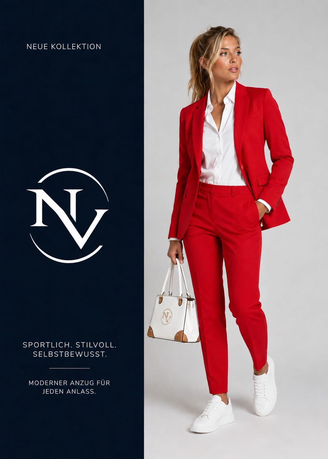 NV Damen-Look — Tailoring in Farbe mit navy-goldenem Accessoire