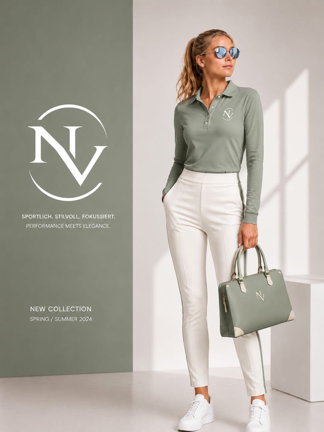 NV Golf-Linie — Look in Navy und Weiss mit salbeigrünem Akzent