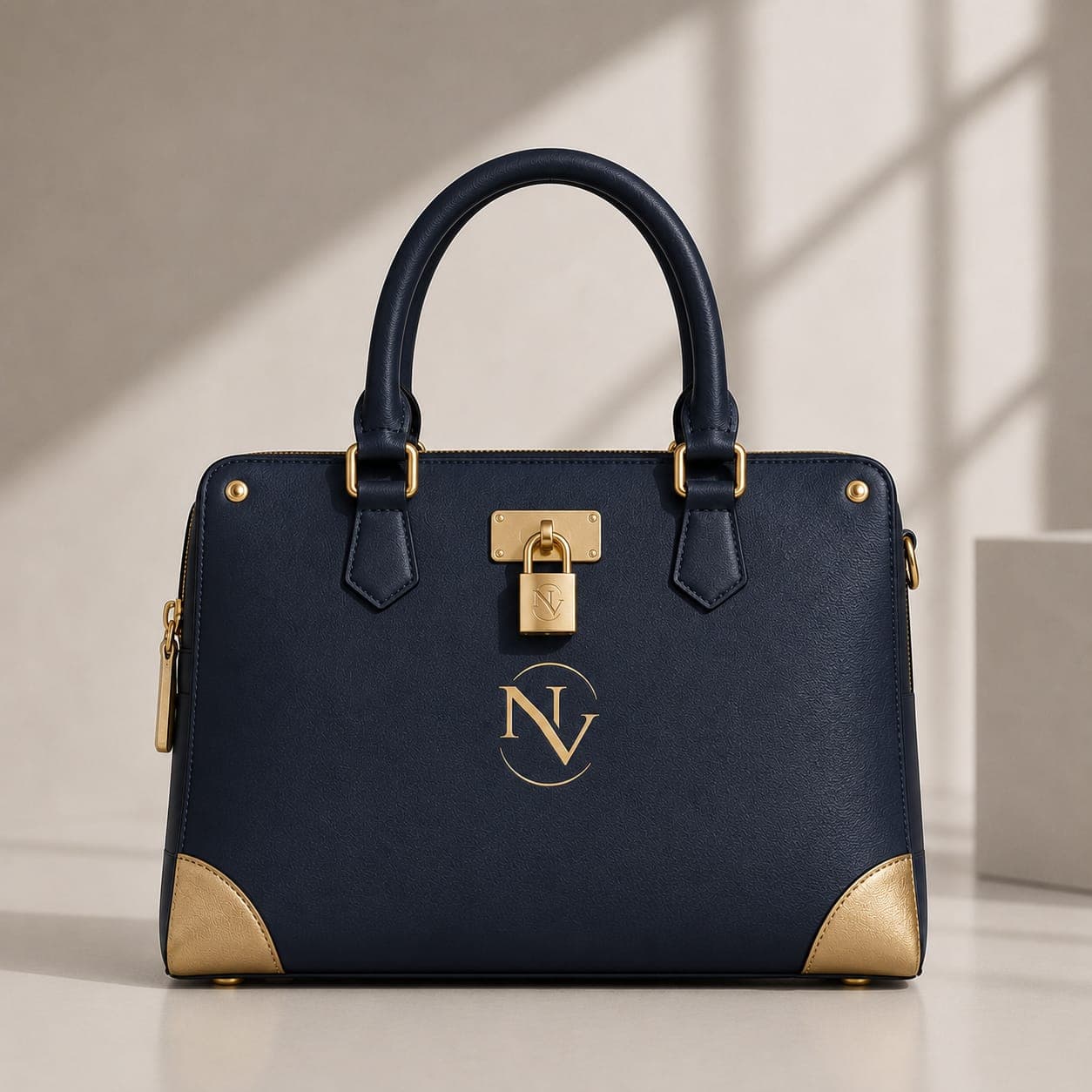 NV Handtasche — navy mit Gold-Monogramm